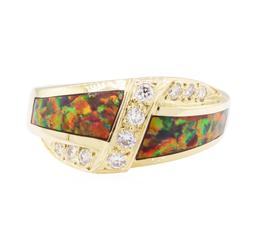0.40 ctw Diamond Ring with Inlaid Synthetic Opal - 14KT Yellow Gold