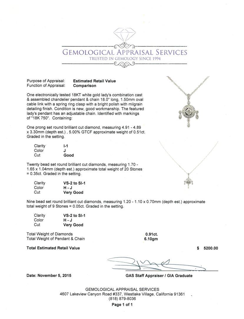 0.91 ctw Diamond Pendant With Chain - 18KT White Gold