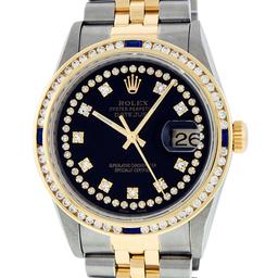 Rolex Mens 2 Tone 14K Black String Diamond & Sapphire Diamond Datejust Wristwatc