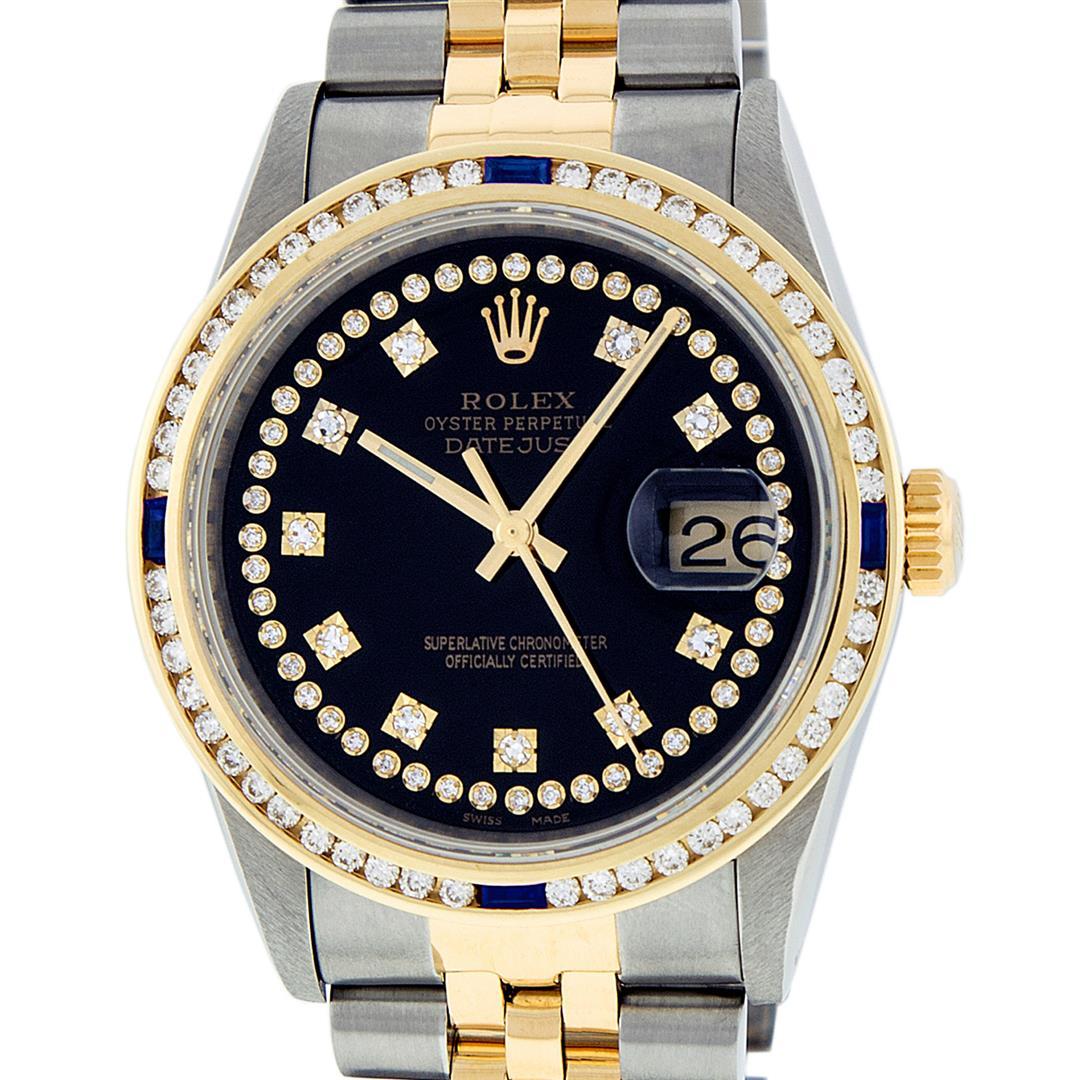 Rolex Mens 2 Tone 14K Black String Diamond & Sapphire Diamond Datejust Wristwatc
