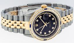 Rolex Mens 2 Tone 14K Black String Diamond & Sapphire Diamond Datejust Wristwatc