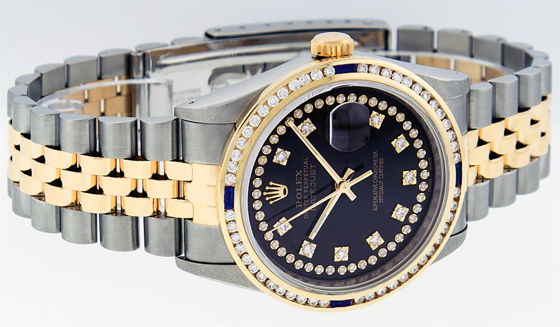 Rolex Mens 2 Tone 14K Black String Diamond & Sapphire Diamond Datejust Wristwatc