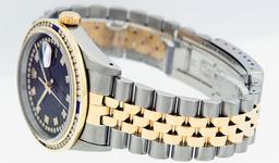 Rolex Mens 2 Tone 14K Black String Diamond & Sapphire Diamond Datejust Wristwatc
