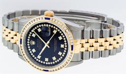 Rolex Mens 2 Tone 14K Black String Diamond & Sapphire Diamond Datejust Wristwatc