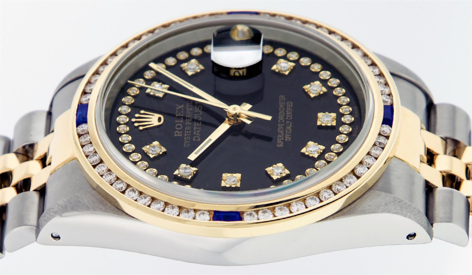 Rolex Mens 2 Tone 14K Black String Diamond & Sapphire Diamond Datejust Wristwatc