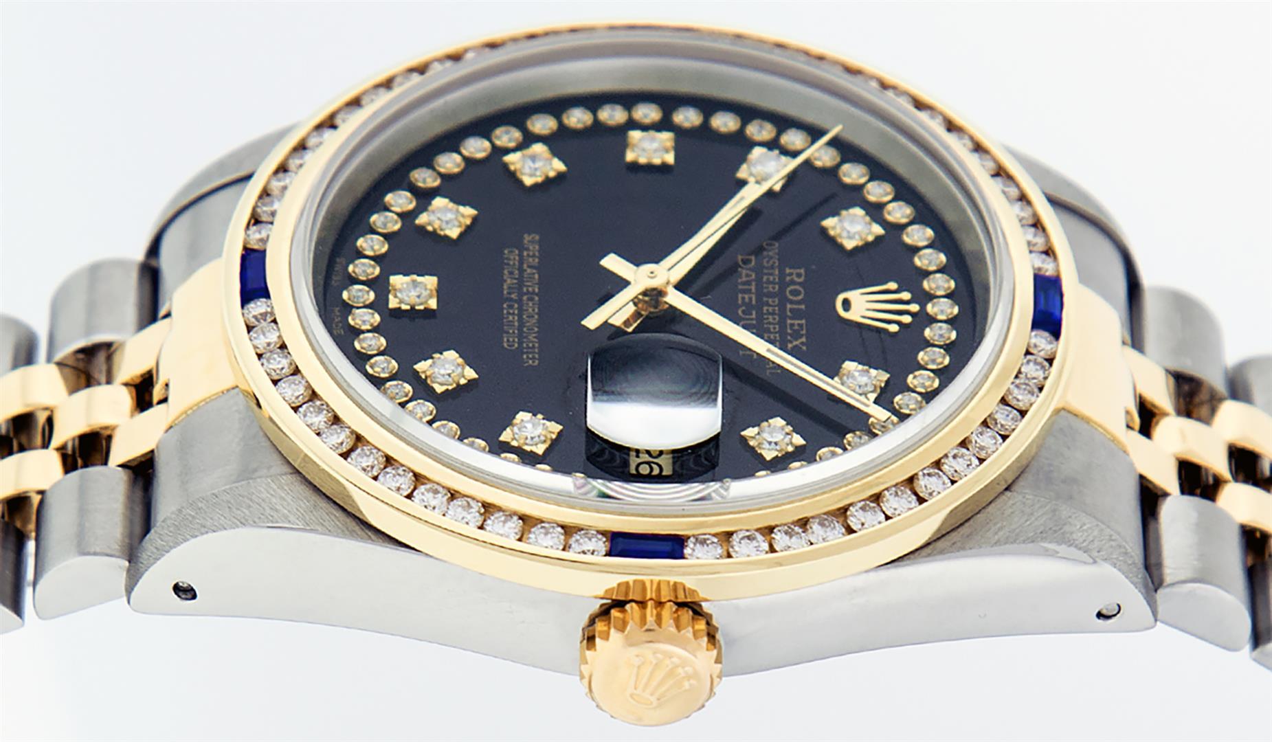 Rolex Mens 2 Tone 14K Black String Diamond & Sapphire Diamond Datejust Wristwatc