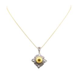 Pearl and Diamond Pendant With Chain - 18KT Yellow Gold