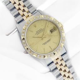 Rolex Mens 2T Datejust Champagne Linen Index Dial With Diamond Bezel