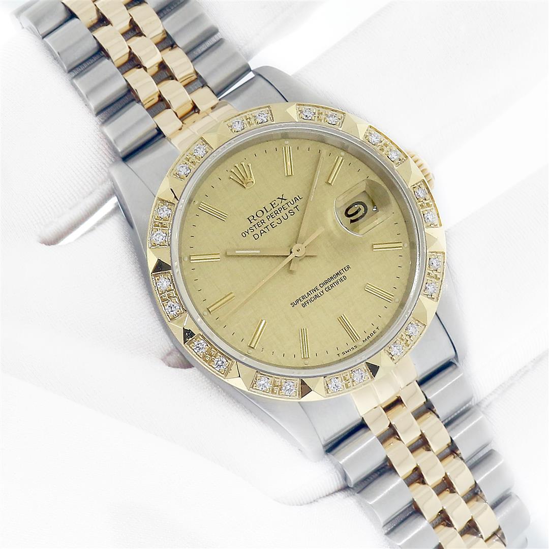 Rolex Mens 2T Datejust Champagne Linen Index Dial With Diamond Bezel