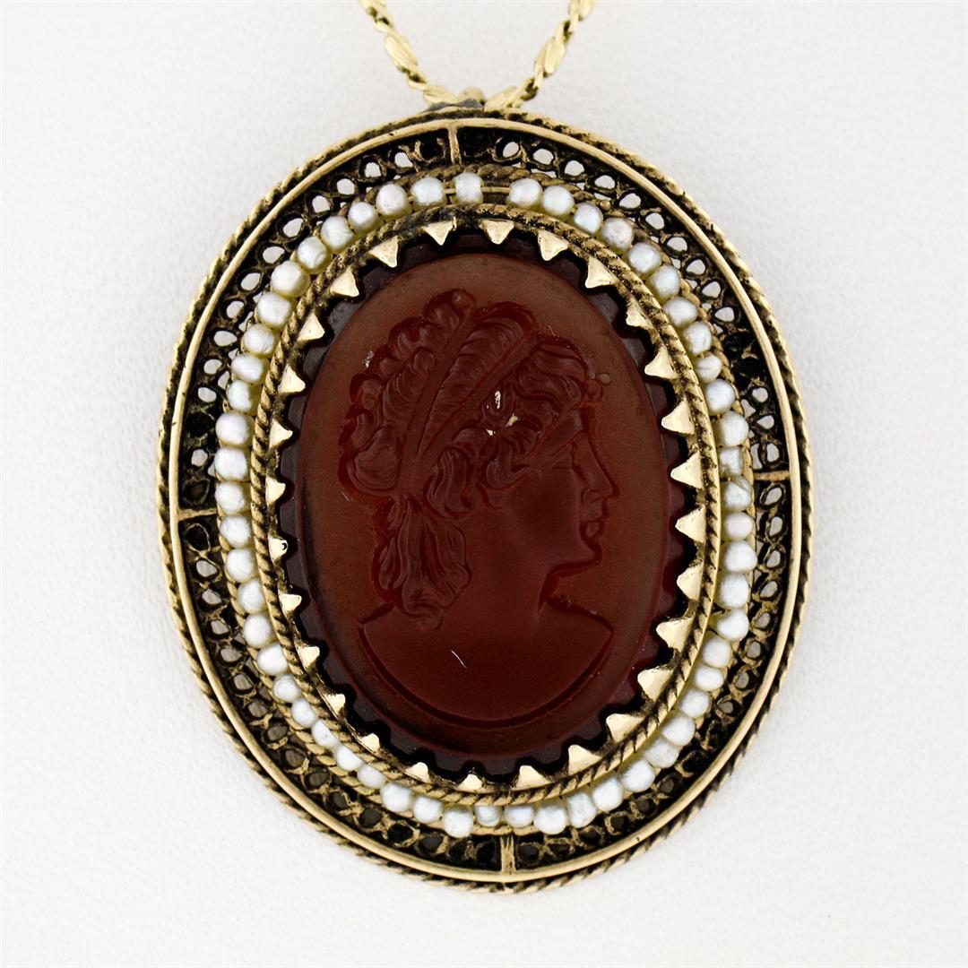 Vintage 14k Yellow Gold Carved Cameo w/ Seed Pearl Frame Halo Pendant Necklace