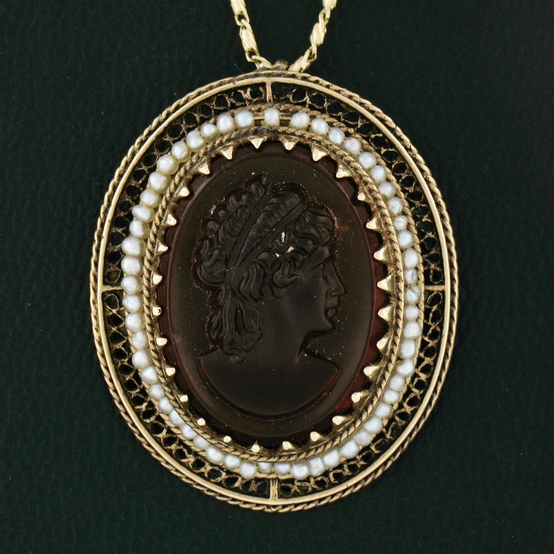 Vintage 14k Yellow Gold Carved Cameo w/ Seed Pearl Frame Halo Pendant Necklace