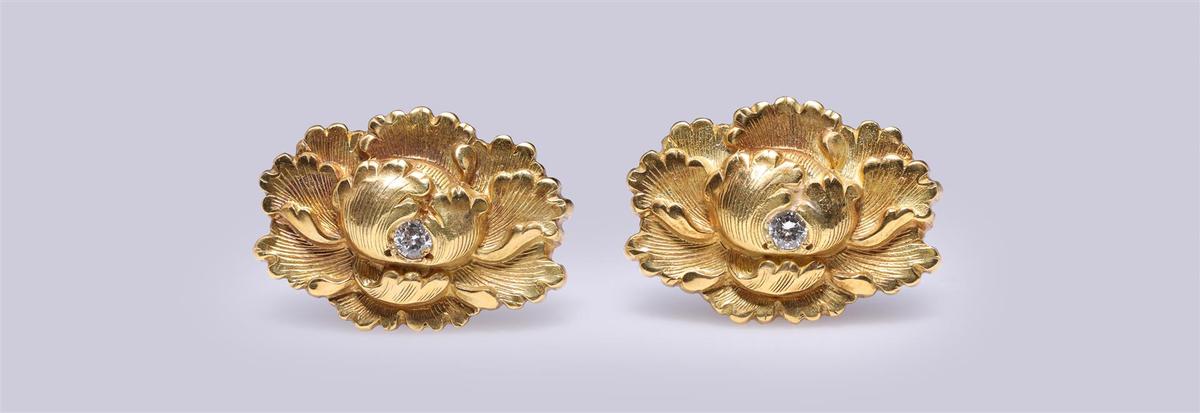 Pair of 18K Yellow Gold & Diamond Chrysanthemum Earrings by R.L. Kay