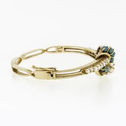 Vintage 14K Yellow Gold Turquoise Beads & Pearl Double Knot Open Bangle Bracelet