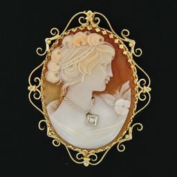 Large Vintage 14k TT Gold Carved Shell Cameo & Diamond Open Work Brooch Pendant