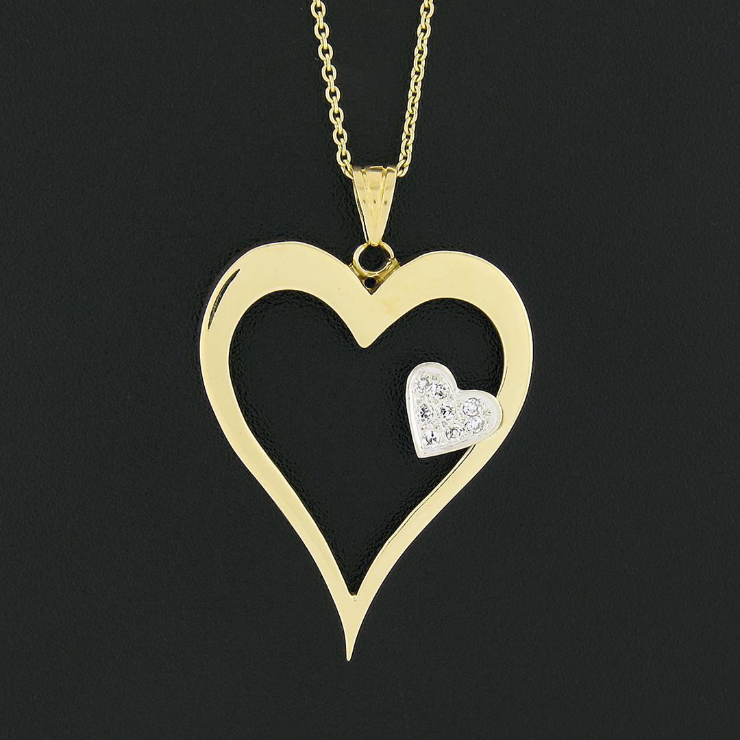 14k TT Gold Large Polished Open Heart w/ Diamond Heart Accent Pendant & Chain