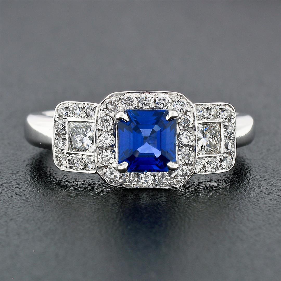 18K White Gold 1.70 ctw AGL Emerald Step Cut Royal Blue Sapphire & Diamond Ring