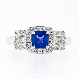 18K White Gold 1.70 ctw AGL Emerald Step Cut Royal Blue Sapphire & Diamond Ring