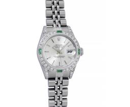 Rolex Ladies Quickset Stainless Steel Silver Index 18K White Gold Diamond & Emer