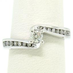 14k White Gold 0.55 ctw Round Diamond Channel & Solitaire Twist Swirl Bypass Rin