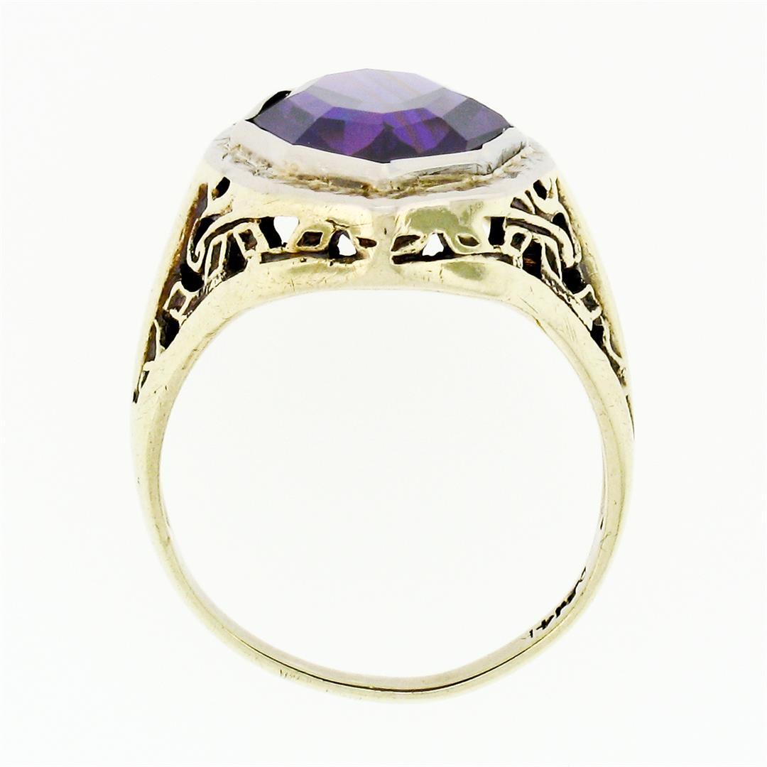 Antique Art Deco 14k Gold Custom Marquise Cut Bezel Set Amethyst Solitaire Ring