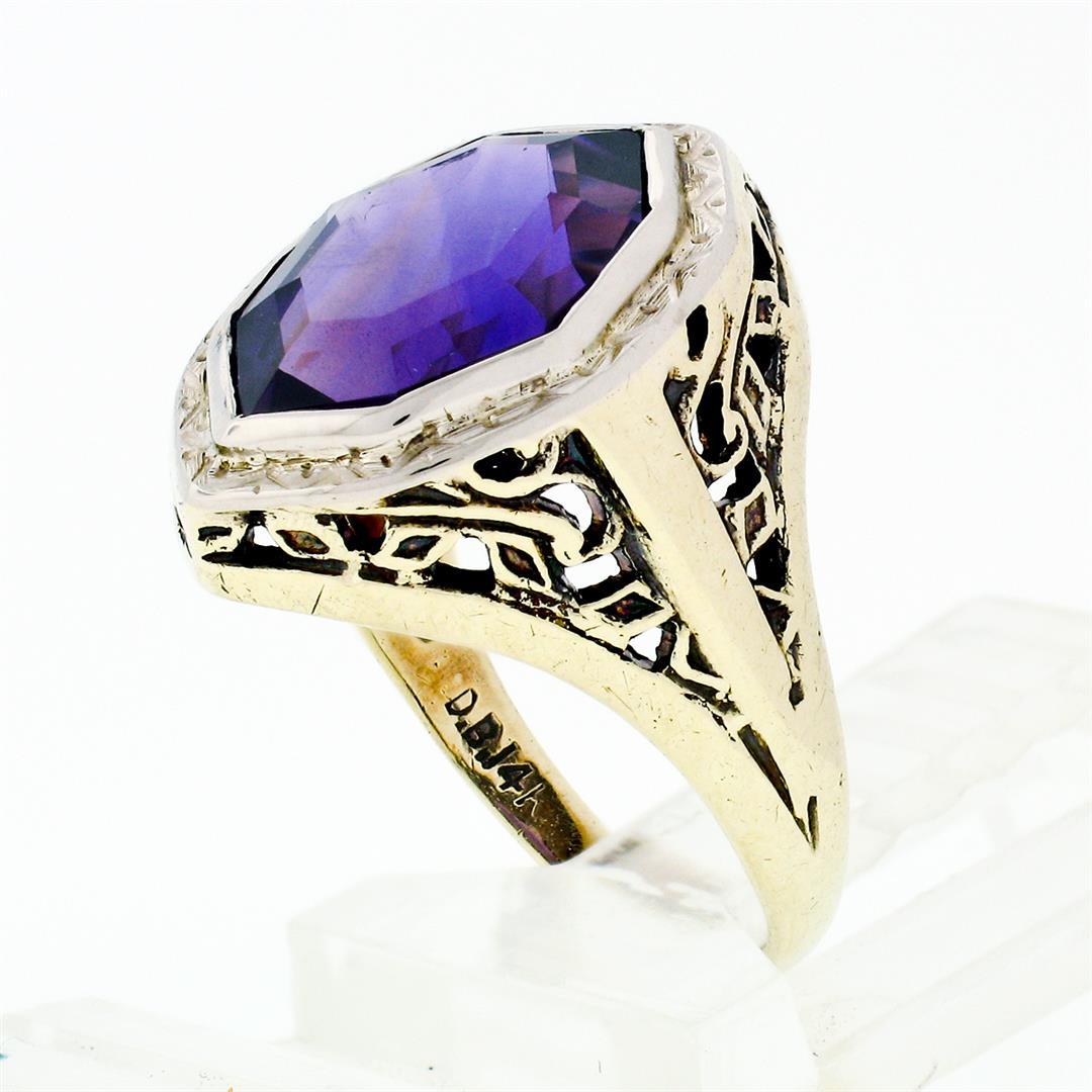 Antique Art Deco 14k Gold Custom Marquise Cut Bezel Set Amethyst Solitaire Ring
