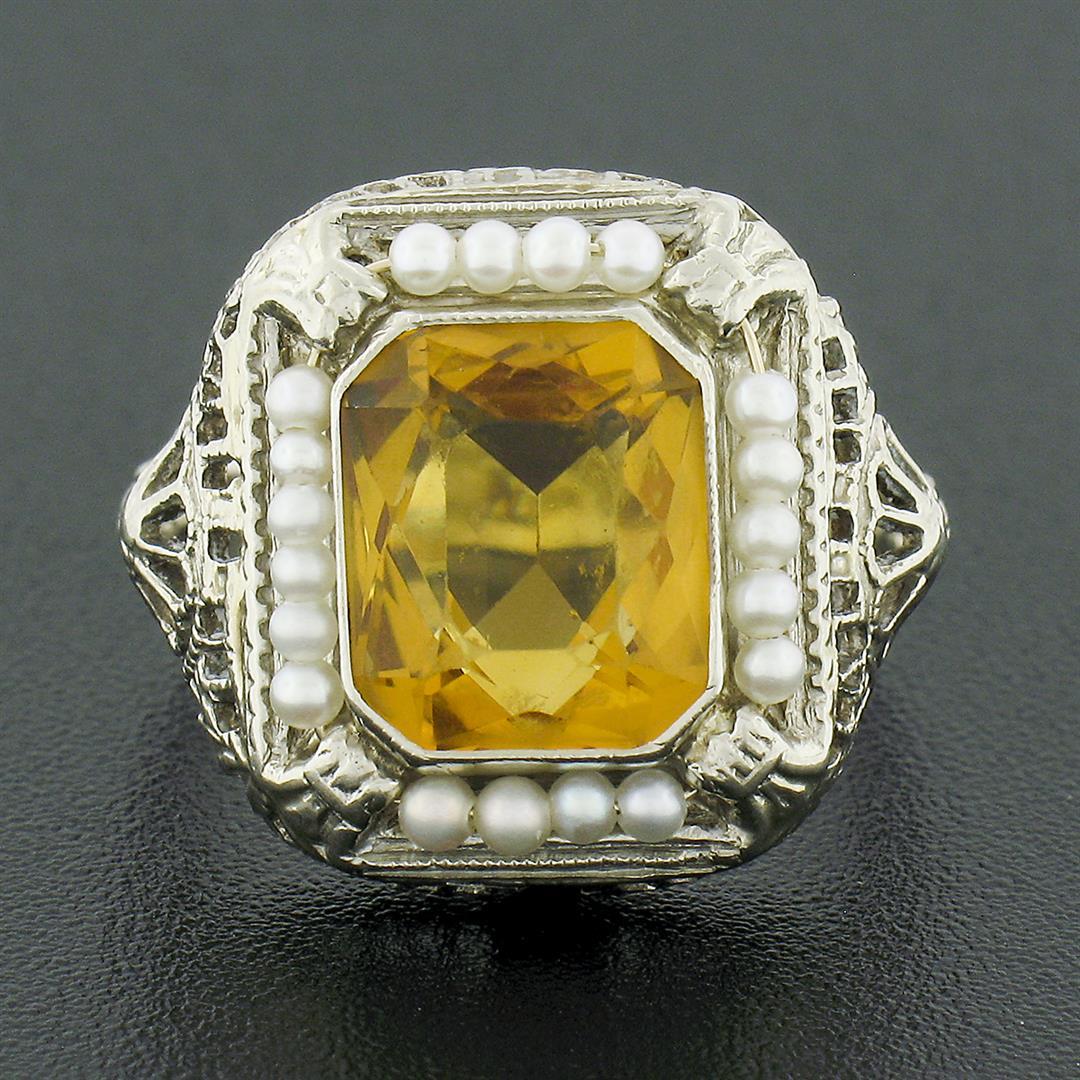 Antique 14K Gold Rectangular Bezel Citrine Seed Pearl Halo w/ Open Filigree Ring