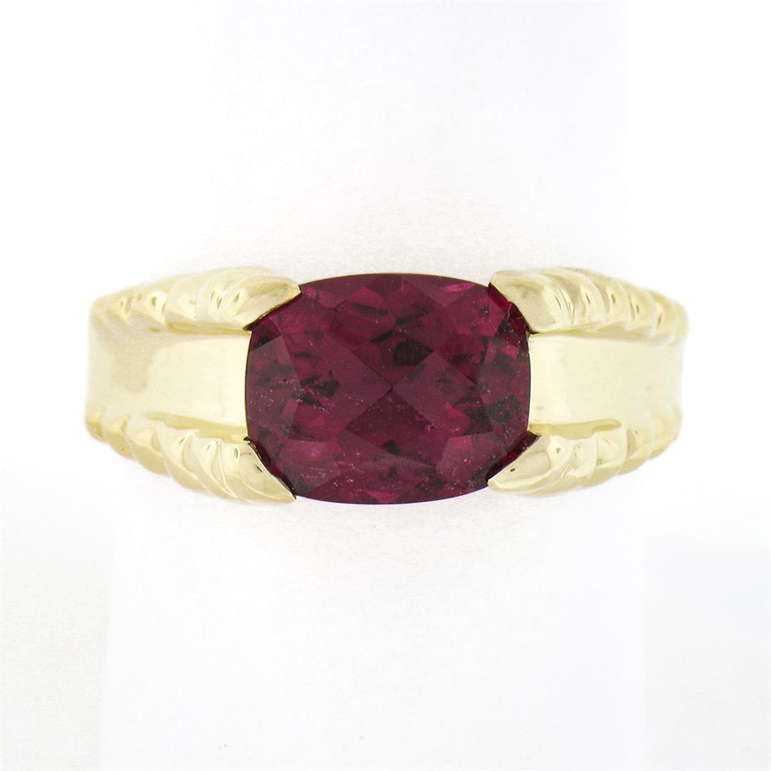 14k Yellow Gold GIA 3 ctw Cushion Rubellite Tourmaline Solitaire Grooved Side Ri