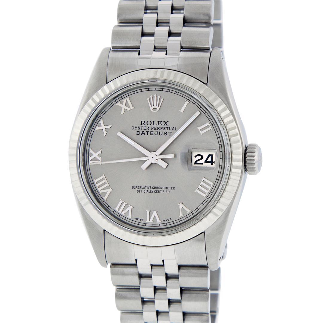 Rolex Mens Stainless Steel 36MM Slate Grey Roman Datejust Wristwatch