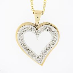 Vintage 14k TT Gold .22 ctw Pave Diamond Dual Layer Open Heart Pendant & 16" Cha