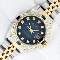 Rolex Ladies 2T Quickset Blue Vignette Diamond And Sapphire Datejust Wristwatch