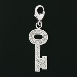 14K White Gold .66 ctw Diamond Long Lock Key Dangle Charm Pendant w/ Lobster Cla