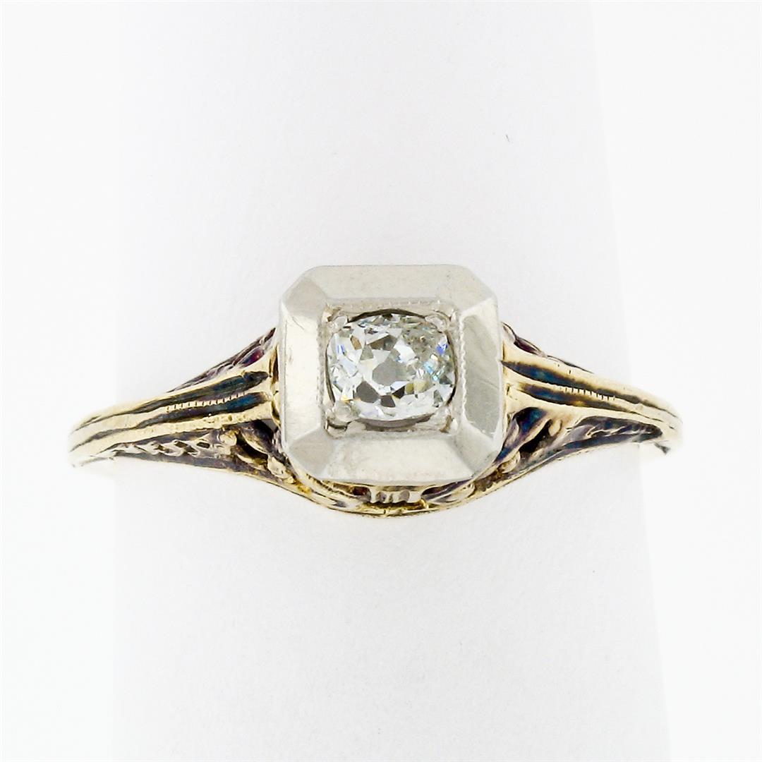 Antique Edwardian 14K TT Gold 0.15 ctw Old Mine Diamond Filigree Engagement Ring