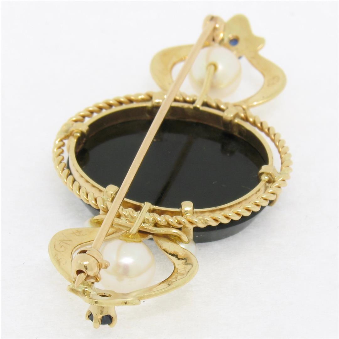 Vintage 14k Yellow Gold Black Onyx Floral Mosaic Sapphire and Pearl Brooch Pin