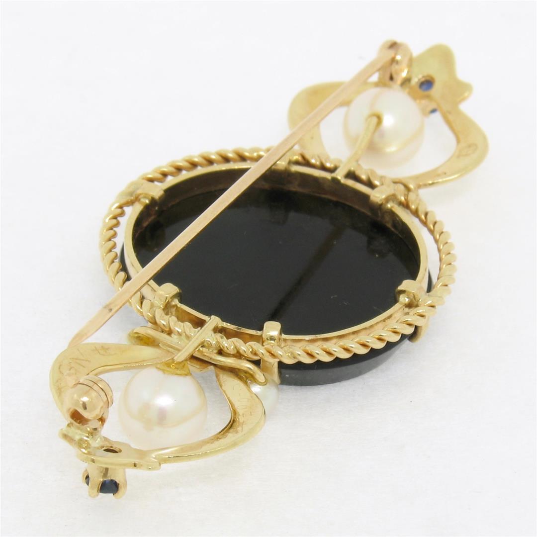 Vintage 14k Yellow Gold Black Onyx Floral Mosaic Sapphire and Pearl Brooch Pin