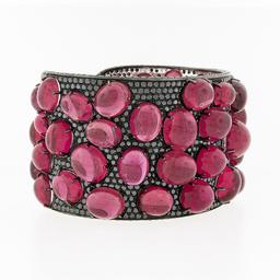 18k Gold GIA Oval Cabochon Rubellite Tourmaline Black Diamond Wide Cuff Bracelet