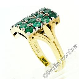 Vintage 14k Gold & Silver Top Round Green Emerald Rectangular Large Platter Ring