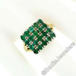 Vintage 14k Gold & Silver Top Round Green Emerald Rectangular Large Platter Ring