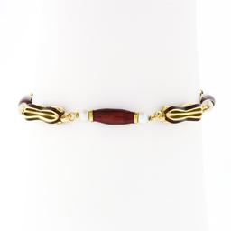 Italian Vintage 18K Yellow Gold Red Enamel & Pearl Detailed Fancy Link Bracelet