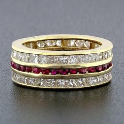 Vintage 18k Gold Channel Round Ruby Princess Cut Diamond Wide Eternity Band Ring