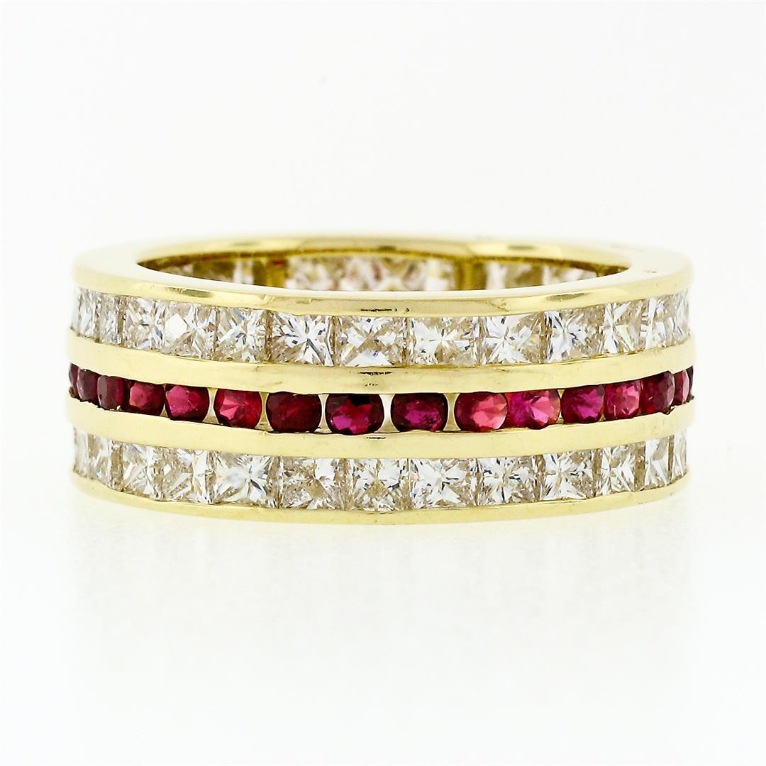 Vintage 18k Gold Channel Round Ruby Princess Cut Diamond Wide Eternity Band Ring