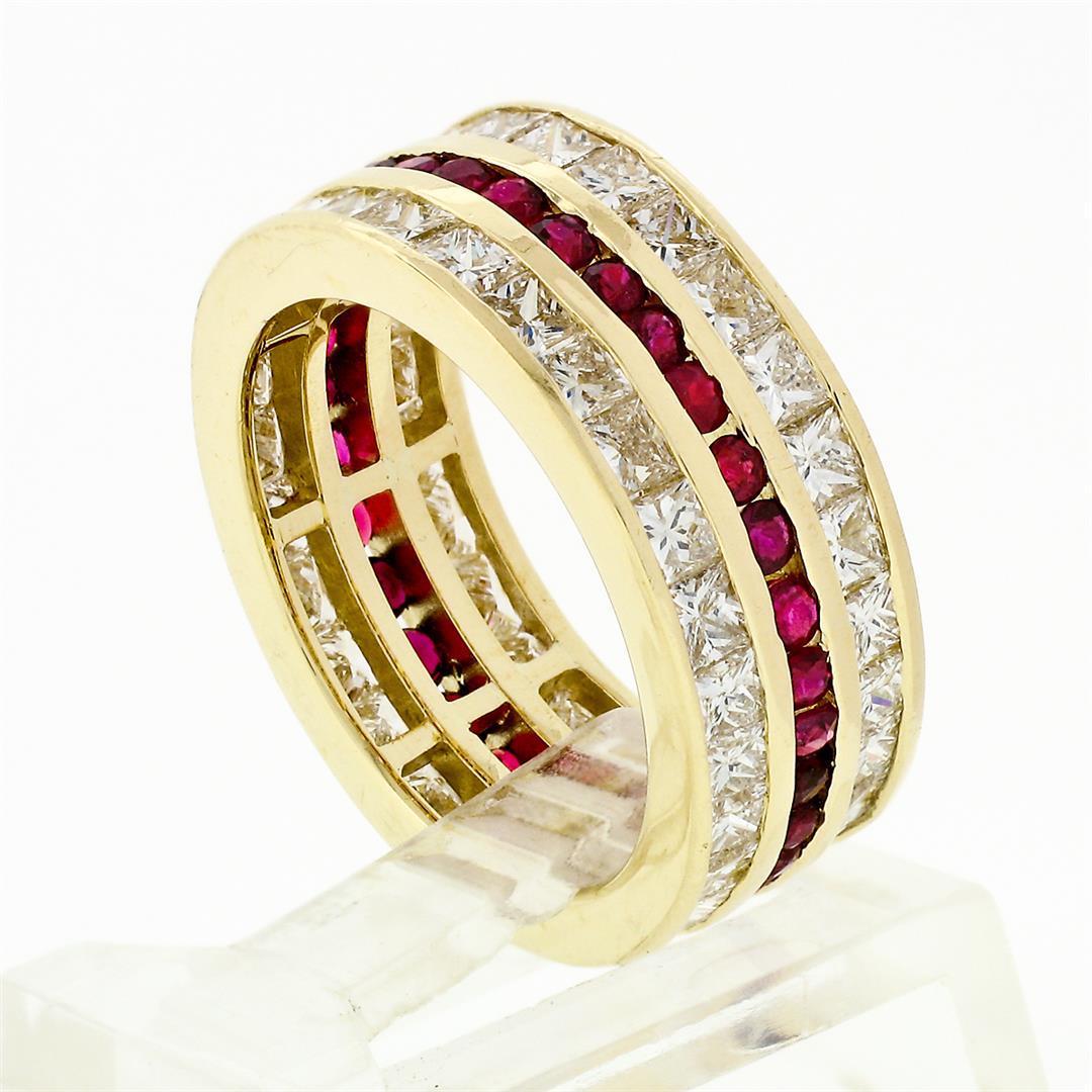 Vintage 18k Gold Channel Round Ruby Princess Cut Diamond Wide Eternity Band Ring