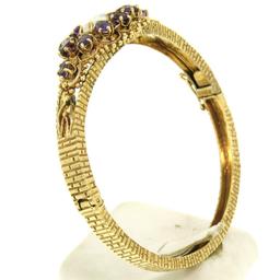 Vintage 14K Yellow Gold 3.75 ctw Amethyst & Opal Textured Open Bangle Bracelet