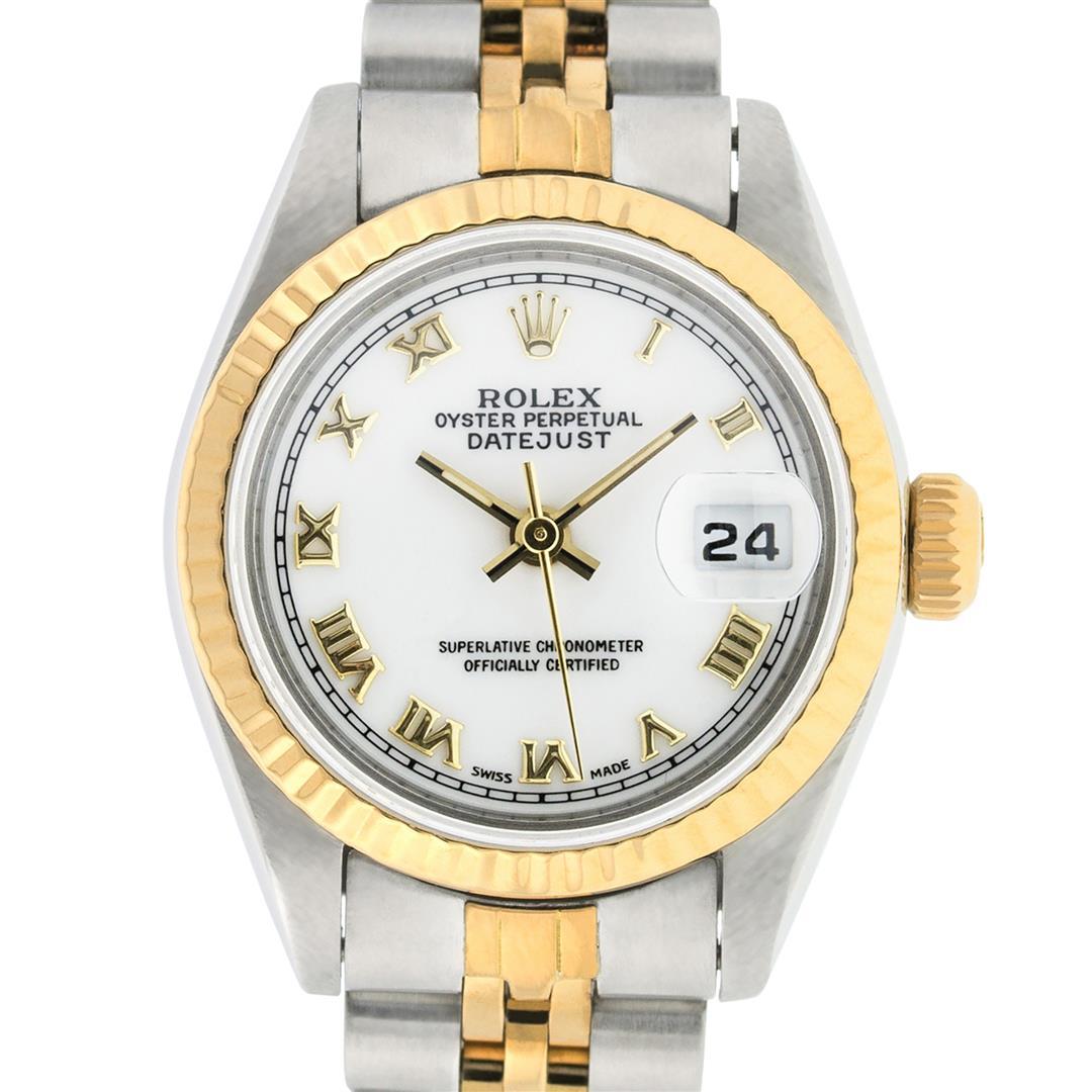 Rolex Ladies 2 Tone Yellow Gold & Stainless Steel White Roman 26MM Oyster Perpet