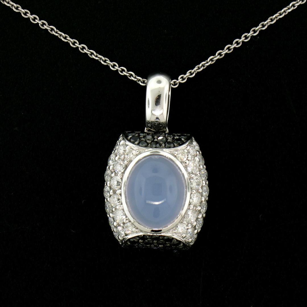 14K White Gold 4.31 ctw Oval Chalcedony White & Black Diamond 16" Pendant Neckla