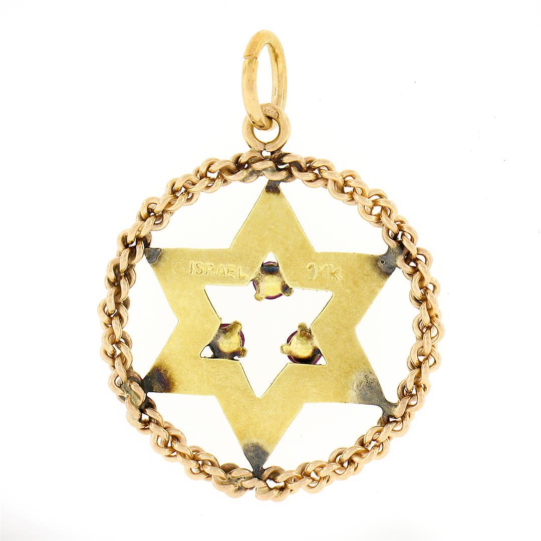 Vintage Israeli 14K Gold Open Star of David Red Stone Rope Circle Frame Pendant