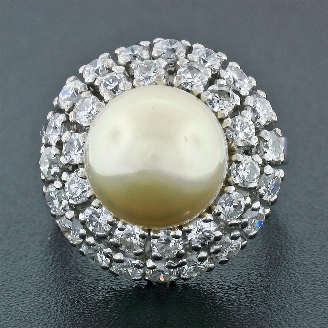 Vintage 18K White Gold Large Golden Pearl 2.10 ctw Tiered Double Diamond Halo Ri