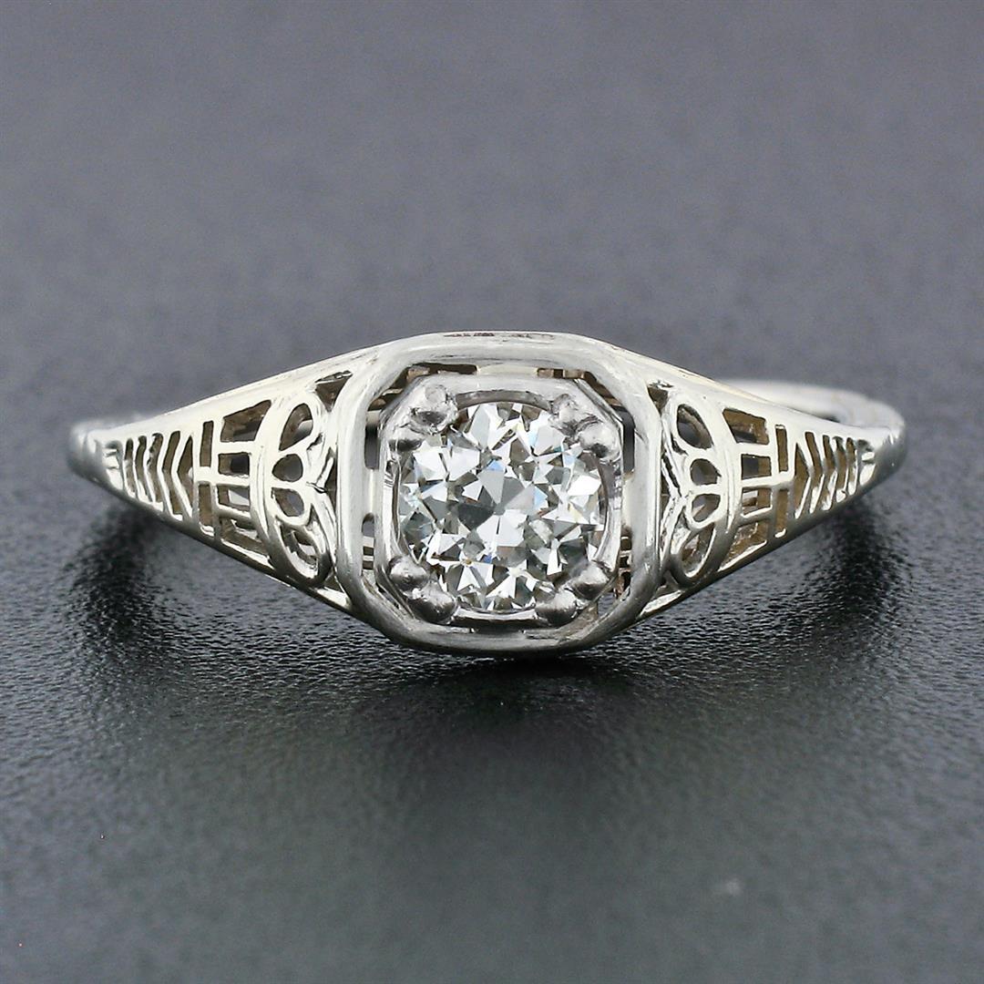 Antique Art Deco 18k White Gold 0.45 ctw European Diamond Solitaire Filigree Rin