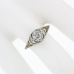 Antique Art Deco 18k White Gold 0.45 ctw European Diamond Solitaire Filigree Rin