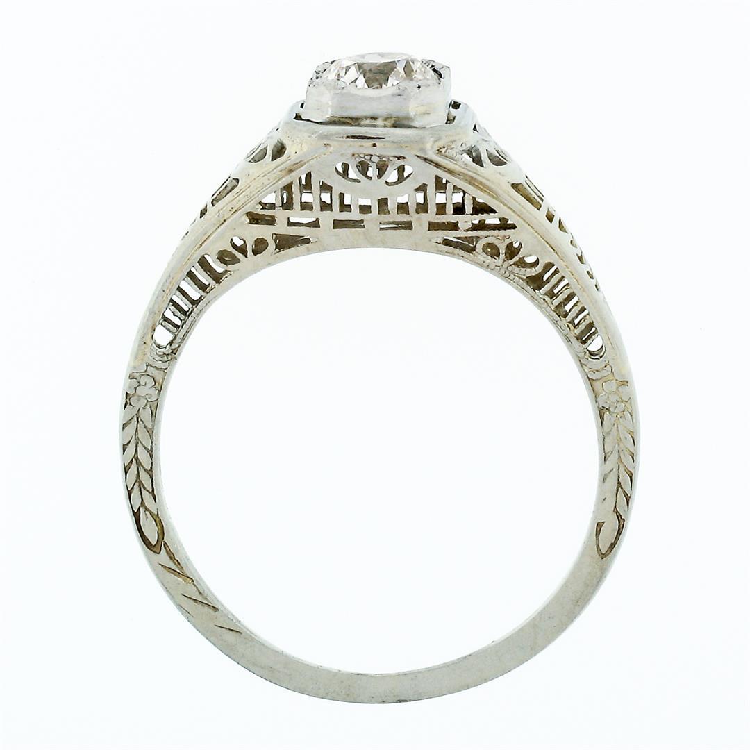 Antique Art Deco 18k White Gold 0.45 ctw European Diamond Solitaire Filigree Rin