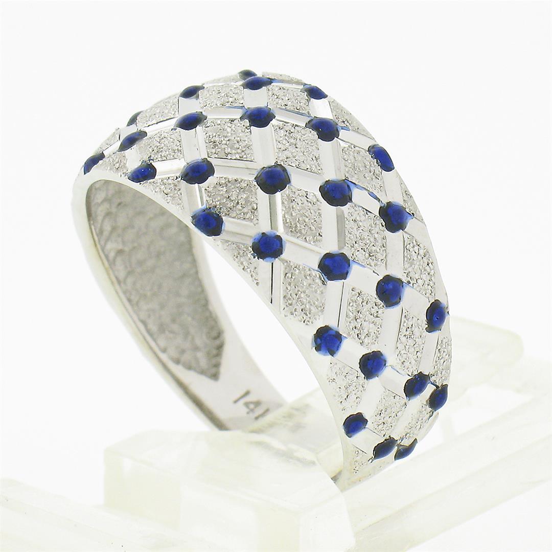 14k White Gold Royal Blue Enamel Dot Tufted Grid w/ Dual Finish Wide Band Ring